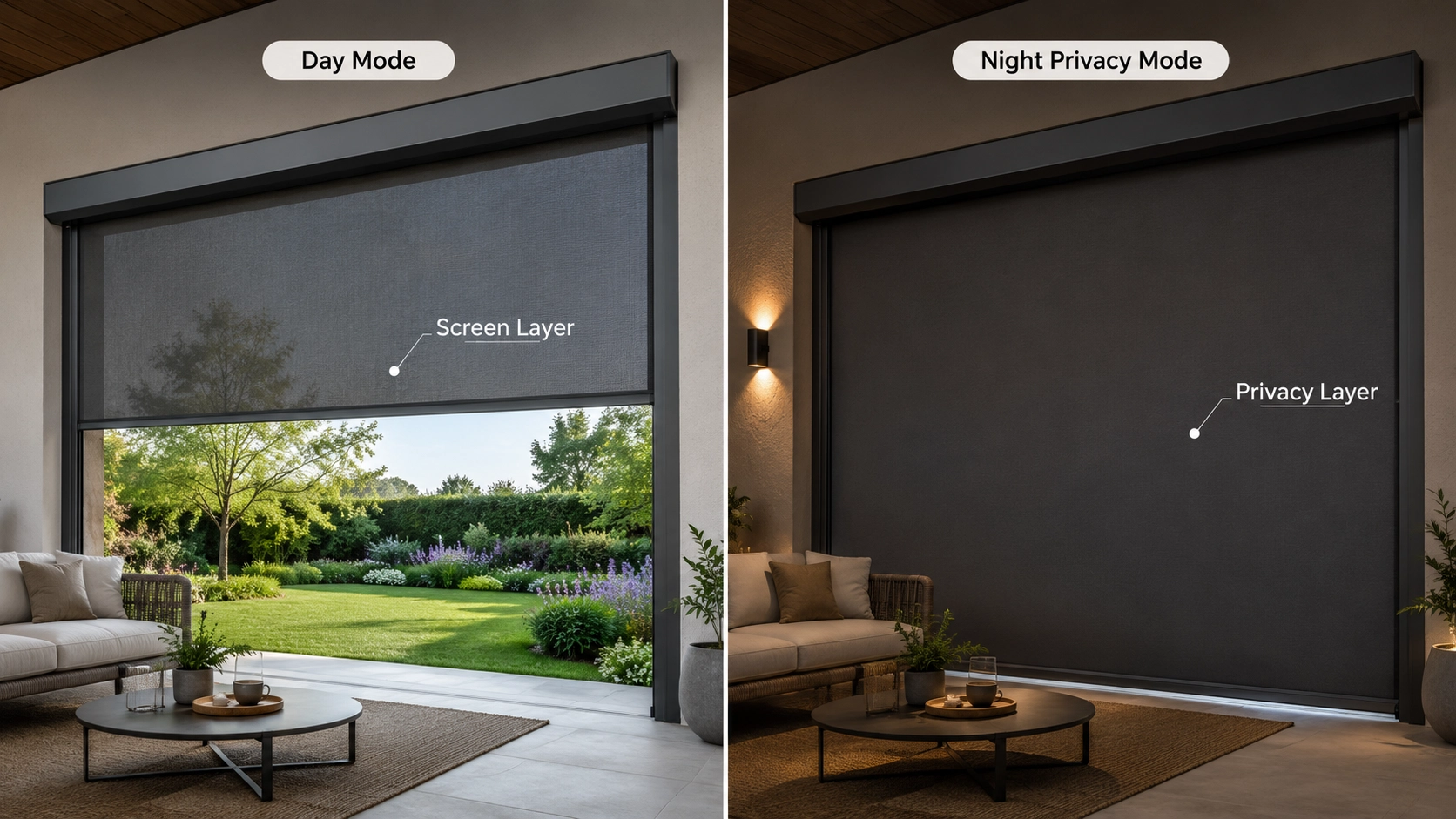 ouble-layer outdoor blinds showing daytime screen mode and nighttime privacy mode